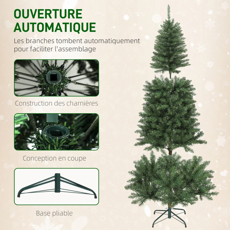 HOMCOM Sapin de Noël artificiel 150 cm, arbre de Noël fin avec 170 lumières, 635 pointes, support en métal pliable, vert