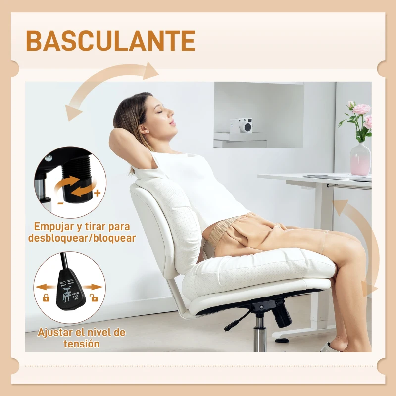 HOMCOM Silla de Oficina Piernas Cruzadas con Asiento Ancho Ruedas Altura Ajustable Doble Acolchado Función Basculante Blanco