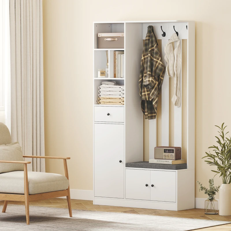 HOMCOM 180 cm Garderobenschrank mit Kleiderständer, Schuhbank, 4 Haken, offene Ablageflächen, MDF, Weiß