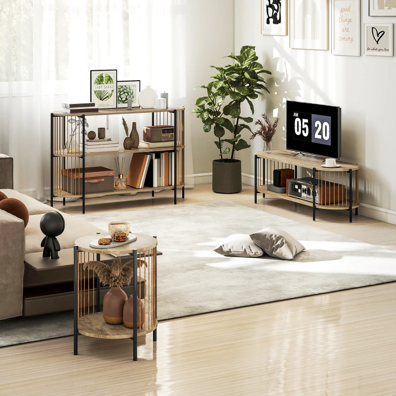 HOMCOM Mesa Auxiliar Redonda de 2 Niveles con Estante y Estructura de Acero para Salón Dormitorio 43,5x43,5x51 cm Natural