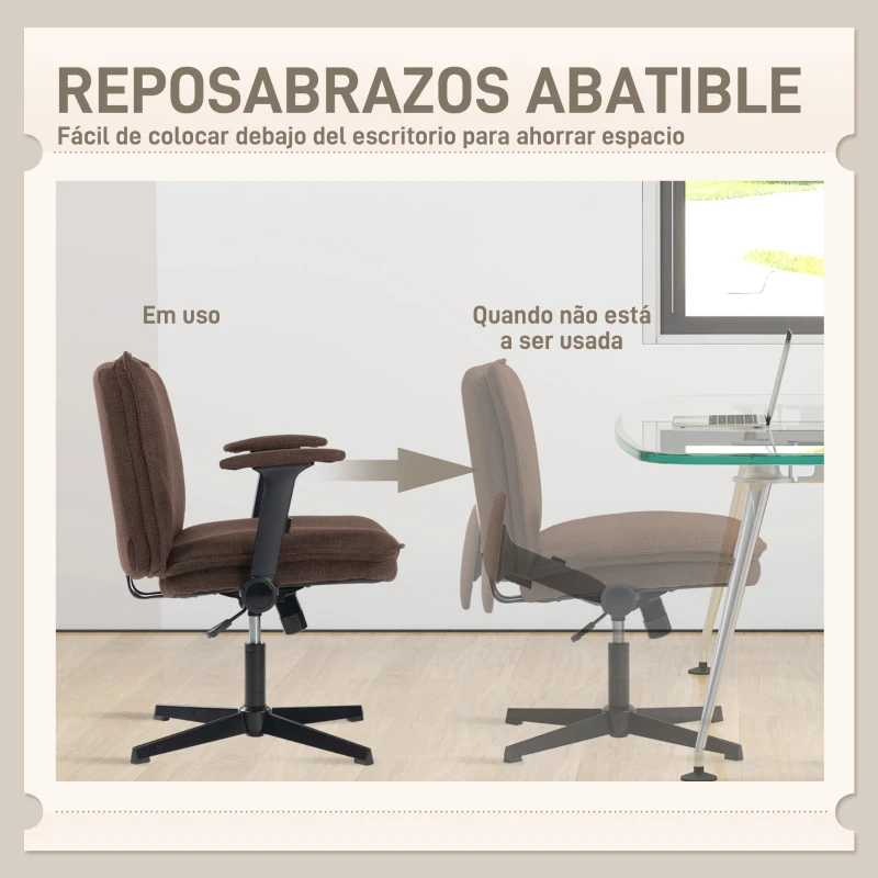 HOMCOM Silla de Oficina Piernas Cruzadas con Reposabrazos Abatible Asiento Ancho sin Ruedas Altura Ajustable Giratoria Marrón