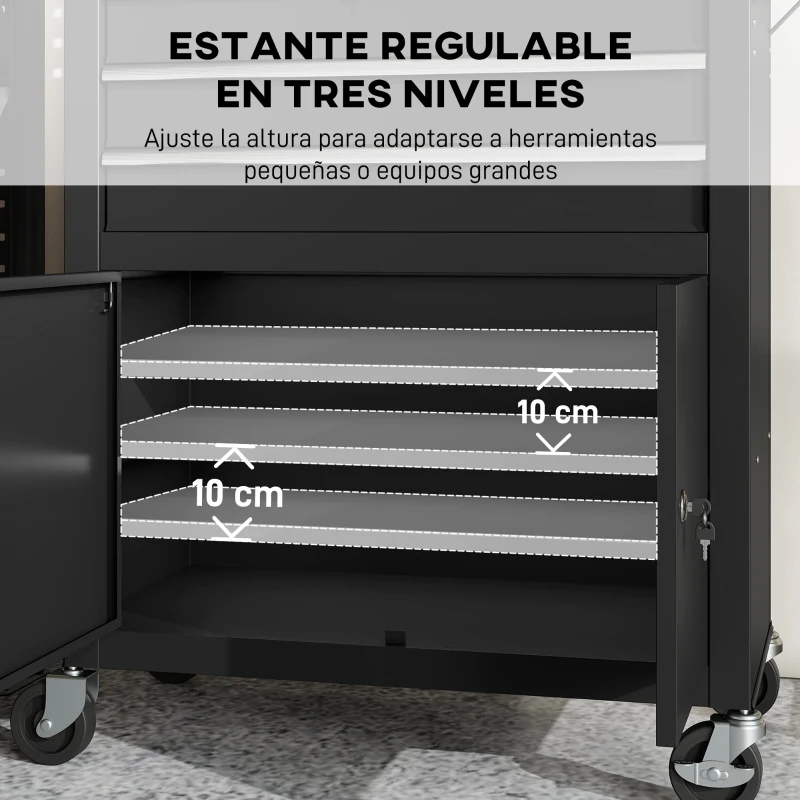 HOMCOM Carro de Herramientas con 3 Cajones Tabla de Pegboard Cerradura por Llave Estante Ajustable 2 Ruedas con Freno Negro