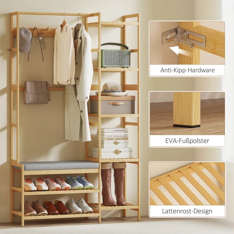 HOMCOM Garderobenständer mit Schuhregal, Kleiderhaken, Mantelständer, Sitzbank mit Kissen, für Flur, Eingangsbereich, Naturholz