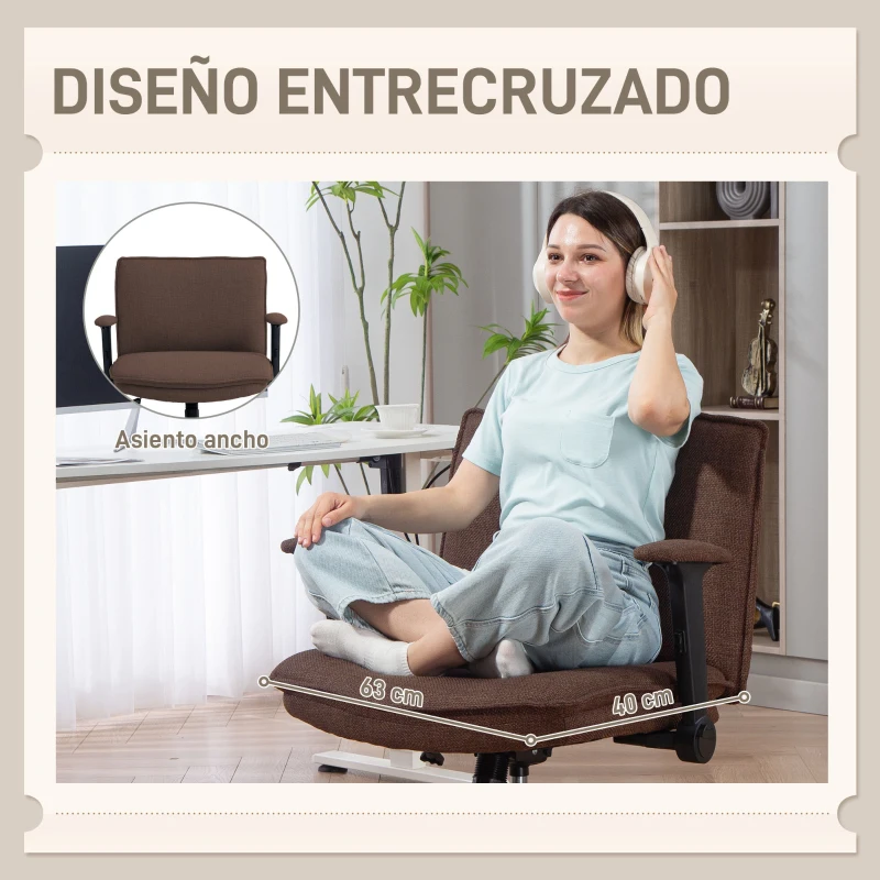 HOMCOM Silla de Oficina Piernas Cruzadas con Reposabrazos Abatible Asiento Ancho sin Ruedas Altura Ajustable Giratoria Marrón
