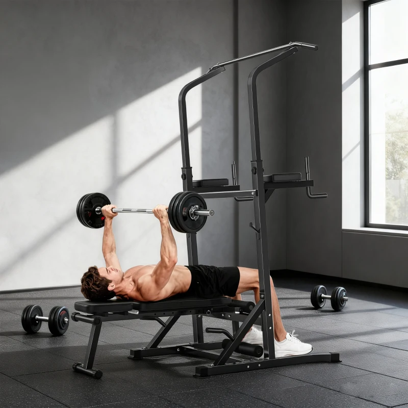 HOMCOM Station de musculation Fitness entrainement complet - barre de traction, à dips, banc de musculation pliable, poignées push-up  - acier noir