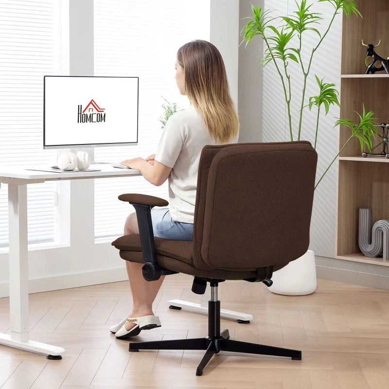 HOMCOM Silla de Oficina Piernas Cruzadas con Reposabrazos Abatible Asiento Ancho sin Ruedas Altura Ajustable Giratoria Marrón