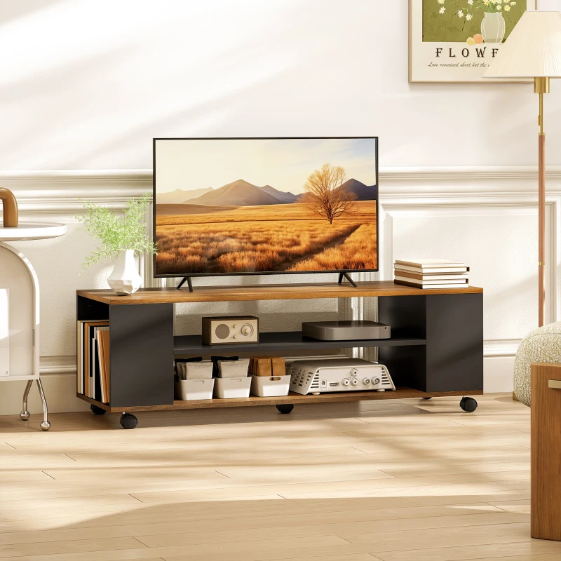 HOMCOM Meuble TV mural ou sur pied avec roulettes 4 étagères pour téléviseur de 139,7 cm 120x40x38,5 cm noyer et noir