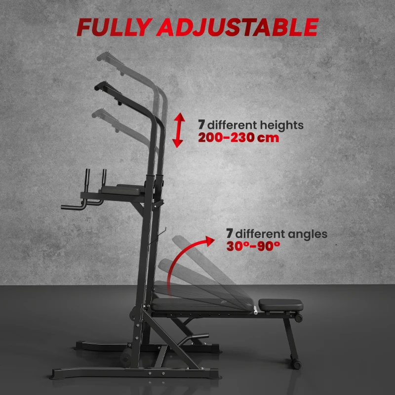 HOMCOM Pull Up Station with Adjustable Weight Bench, Dip Station and Barbell Rack, Multi-Function Power Tower Free Standing Pull Up Bar for Home Gym