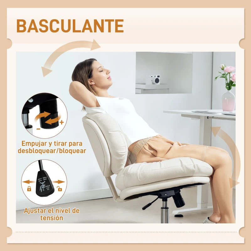 HOMCOM Silla de Oficina Piernas Cruzadas con Asiento Ancho Ruedas Altura Ajustable Doble Acolchado Función Basculante Gris