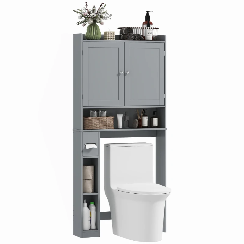 HOMCOM Mobile sopra WC per toilette o lavatrice, 2 ante, 3 scomparti, portarotolo, 80x19,5x170cm, grigio