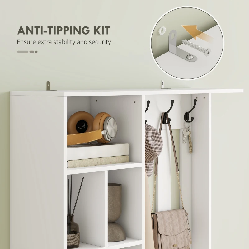 HOMCOM 180 cm Garderobenschrank mit Kleiderständer, Schuhbank, 4 Haken, offene Ablageflächen, MDF, Weiß