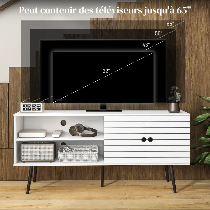 HOMCOM Meuble TV pour télévision jusqu'à 65 pouces avec 2 compartiments ouverts et 1 étagère réglable 145x38x65 cm Blanc