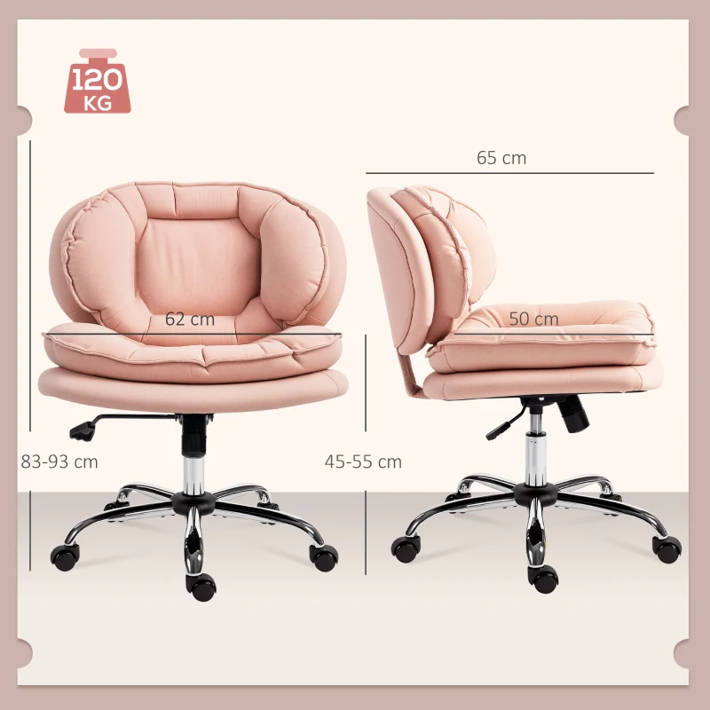HOMCOM Silla de Oficina Piernas Cruzadas con Asiento Ancho Ruedas Altura Ajustable Doble Acolchado Función Basculante Rosa