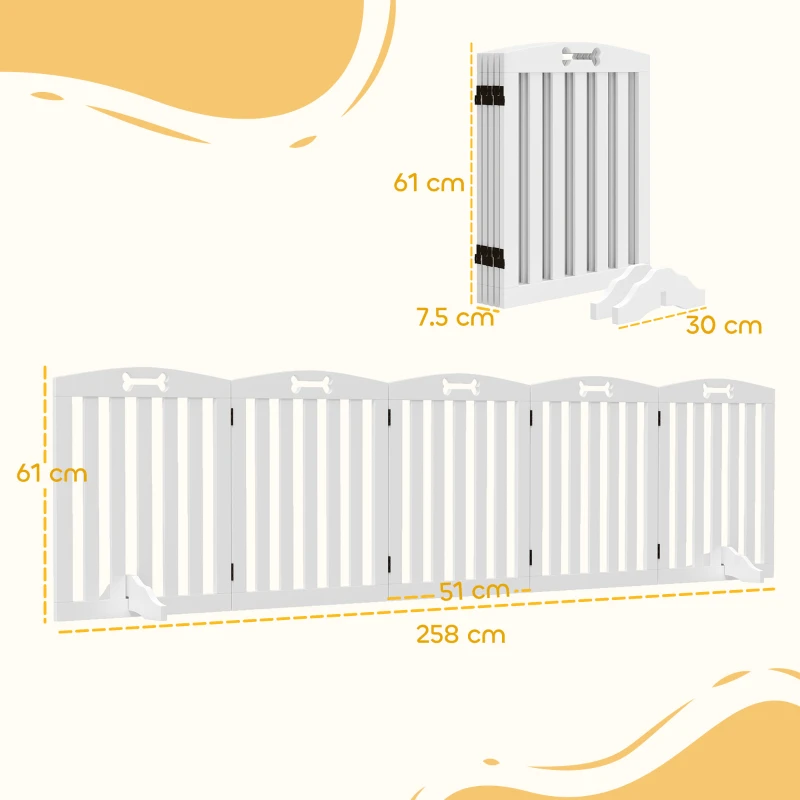 PawHut Freestanding Dog Gate with Support Feet, for Doorframes, Hallways, Stairs, 258 x 30 x 61 cm, White