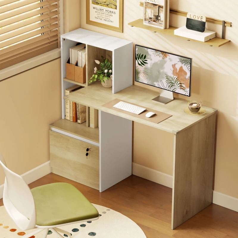 HOMCOM Scrivania per computer con libreria 4 scomparti e cassetto con serratura, 126 x 50 x 109 cm, rovere e bianco