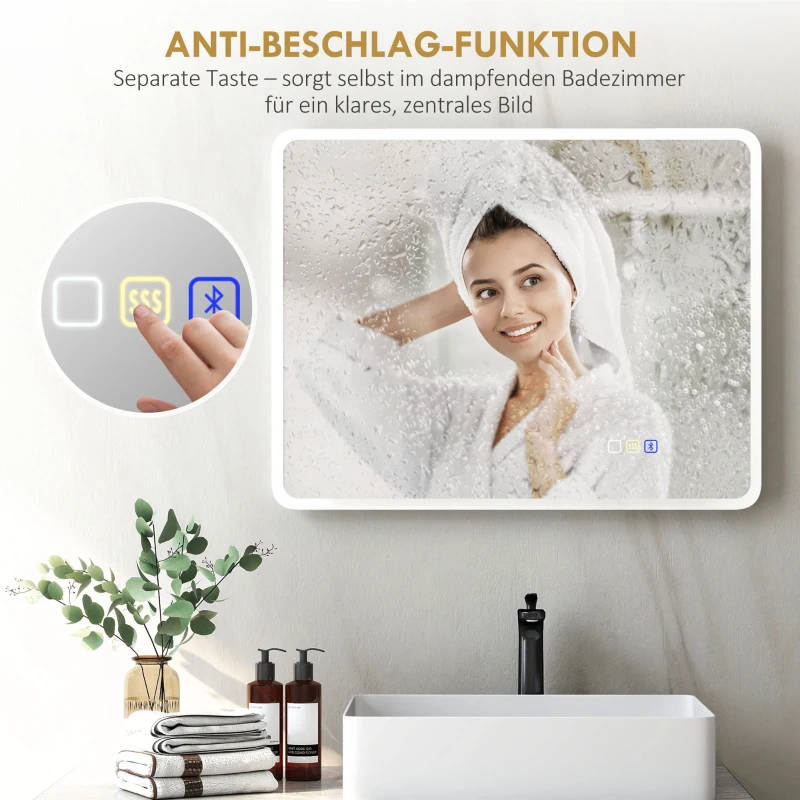 HOMCOM LED-badkamerspiegel met Bluetooth 70 x 90 cm, aanraakschakelaar, verstelbaar licht, 3 kleuren, anti-condens, geheugen, zilver