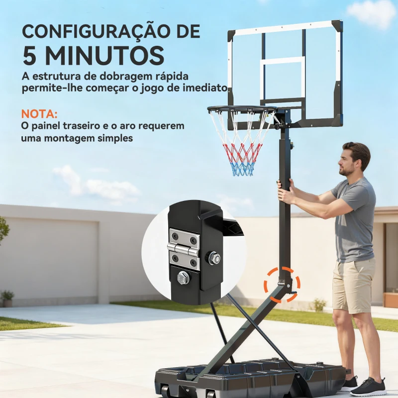 SPORTNOW Tabela de Basquetebol para Exterior com Altura Ajustável Portátil Estrutura Dobrável Painel Inquebrável Rodas e Base Preenchível 120x70x300-375 cm Preto
