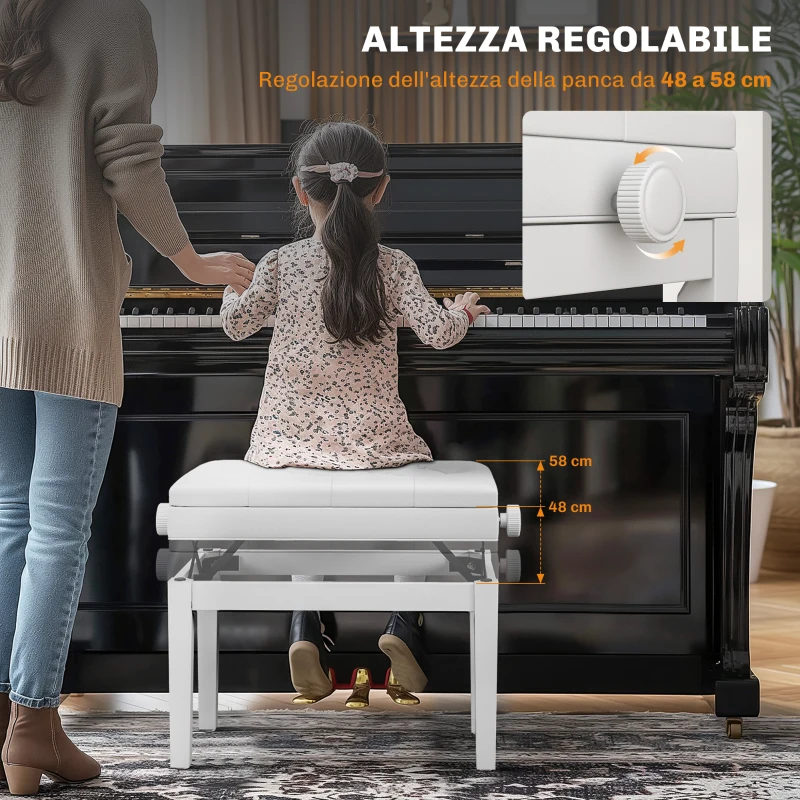 HOMCOM Sgabello Pianoforte Regolabile con Vano Portaoggetti e Seduta Imbottita, 54.5x33x48-58 cm, Bianco