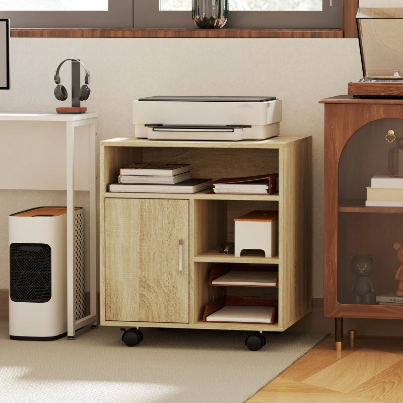 HOMCOM Mobile per Stampante su Ruote Multifunzionale con Ripiani e Ampio Spazio di Stoccaggio 60x50x65,5 cm, Naturale