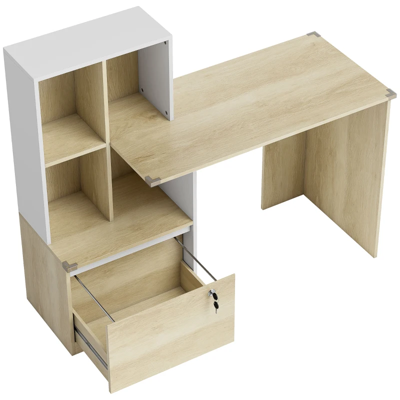 HOMCOM Scrivania per computer con libreria 4 scomparti e cassetto con serratura, 126 x 50 x 109 cm, rovere e bianco