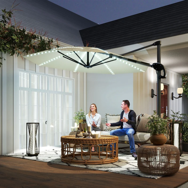 Outsunny 3(m) Cantilever Garden Parasol with Solar Powered Lights, Crank Handle & Cross Base, UPF 50+, 360° Rotation, Cream