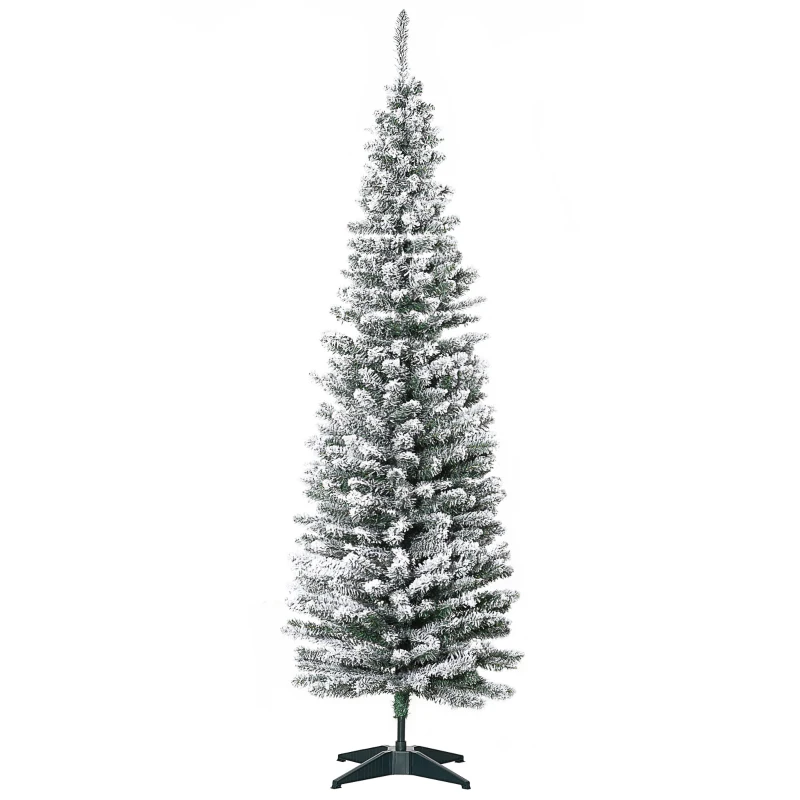 HOMCOM Albero di Natale Slim Artificiale 180 cm con Rami Realistici, Albero di Natale Innevato Alto e Stretto con Base Pieghevole, Verde