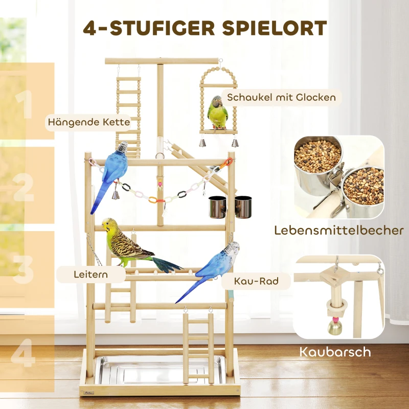 PawHut Vogelständer, Vogelstangen-Set, 4 Ebenen, Edelstahltablett, Spielzeug, Naturholz