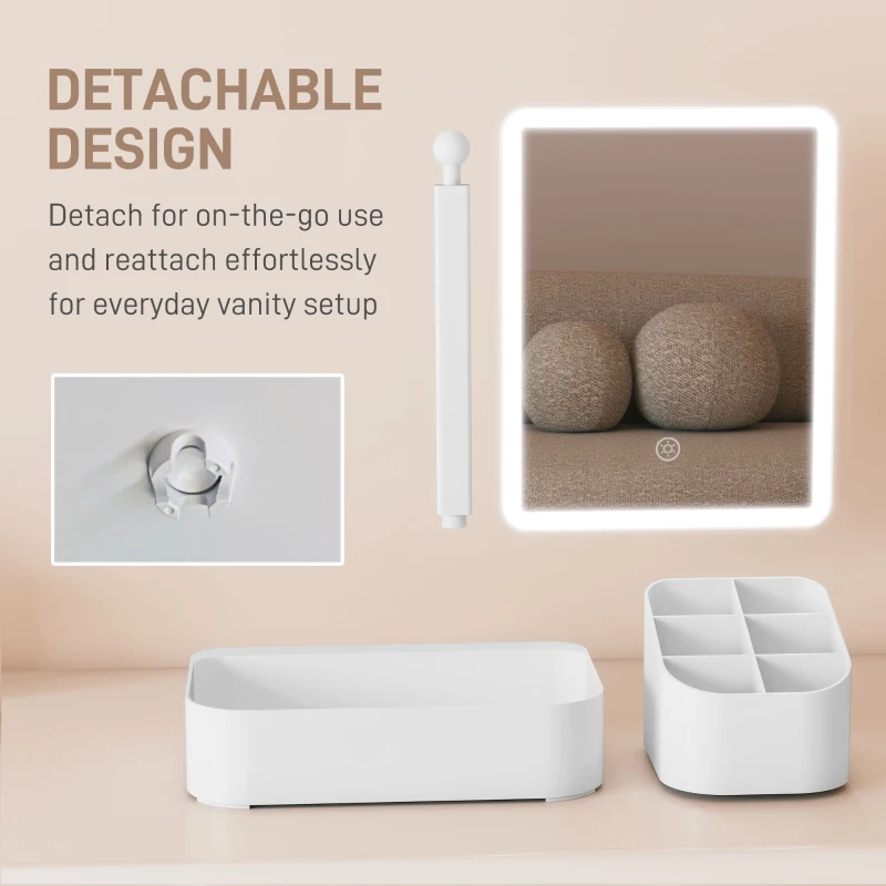 HOMCOM Specchio da Trucco con Luce Regolabile su 2 Livelli, Rotazione 180° e Organizer per Trucchi, Bianco