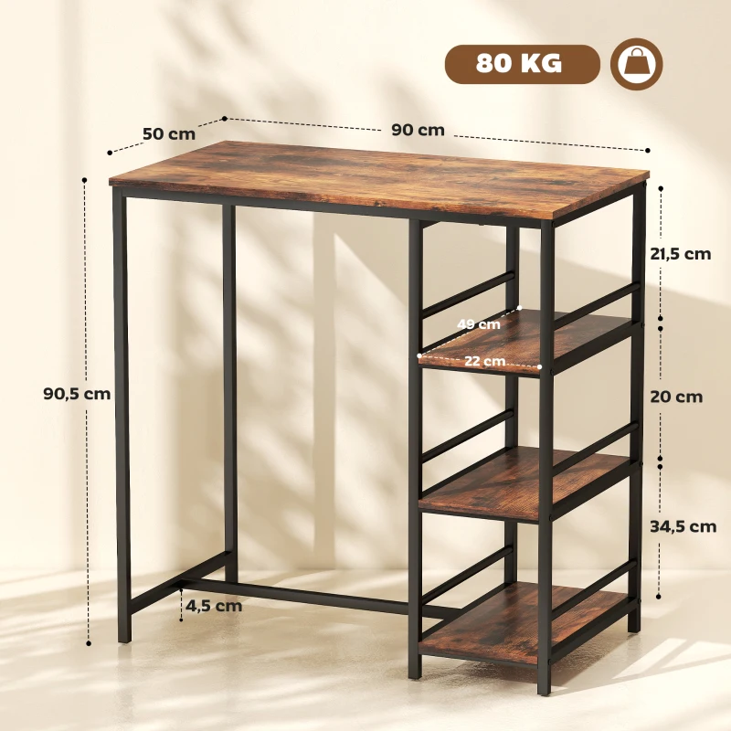 HOMCOM Table de bar mange-debout avec 3 étagères de rangement et cadre en acier, 90 x 50 x 90,5 cm, brun rustique, noir