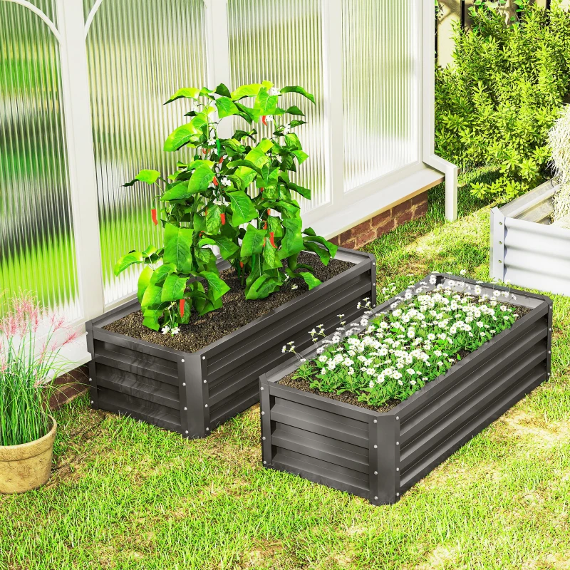 Outsunny Lot de 2 grandes jardinières extérieures en acier galvanisé Potagers urbains pour terrasse jardin 110x50x30 cm gris