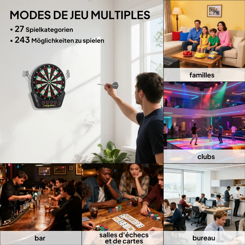 HOMCOM Cible Jeu de flechettes électronique Professionnel 27 jeux 243 variations - Fléchettes pour 1 à 16 joueurs, 6 fléchettes et 24 pointes souples, convient pour les fêtes et les soirées de jeu