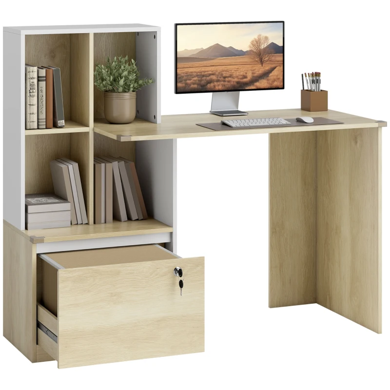 HOMCOM Scrivania per computer con libreria 4 scomparti e cassetto con serratura, 126 x 50 x 109 cm, rovere e bianco