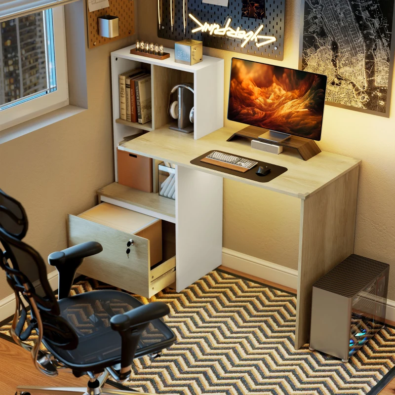 HOMCOM Scrivania per computer con libreria 4 scomparti e cassetto con serratura, 126 x 50 x 109 cm, rovere e bianco