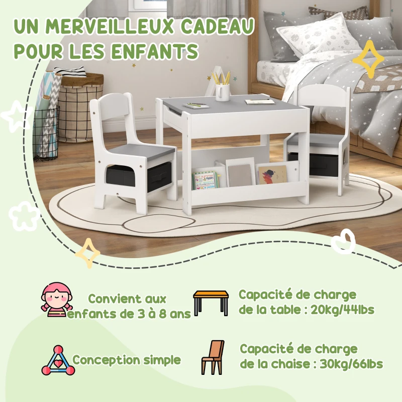 HOMCOM Ensemble 3 pièces table et 2 chaises pour enfant avec plateau réversible tableau noir, panier de rangement, étagères