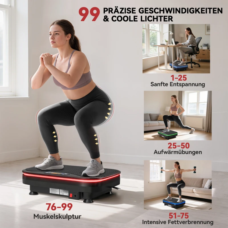 SPORTNOW Vibrationsplatte für Fitnessübungen, Bluetooth-Funktion, Fernbedienung, 99 Geschwindigkeitsstufen, Kunststoff, Stahl, Schwarz