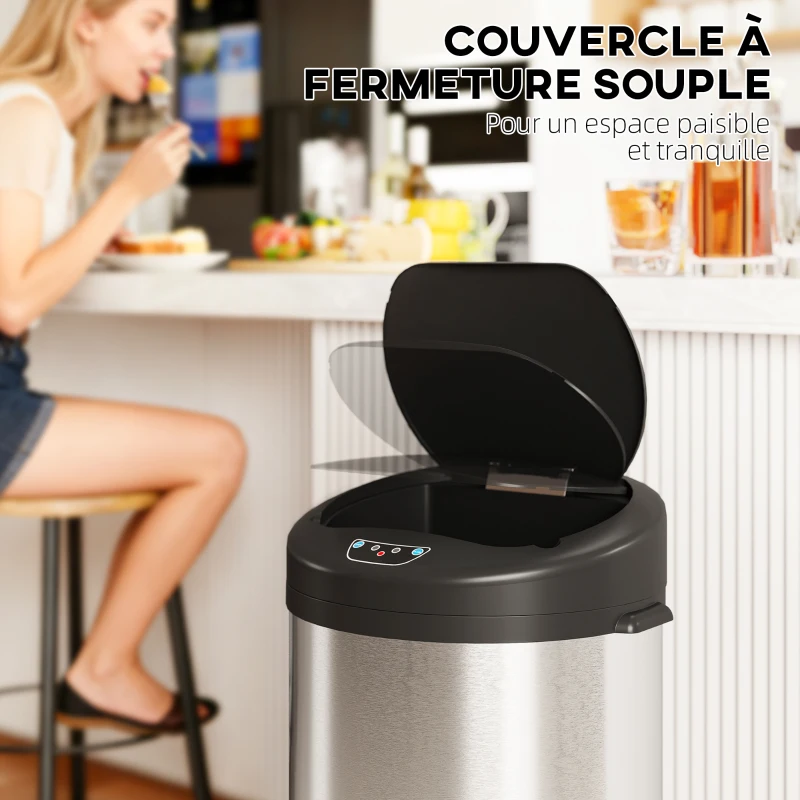 HOMCOM Poubelle de cuisine automatique 30 L en acier inoxydable, couvercle à fermeture en douceur, 32 x 30 x 68 cm, argent