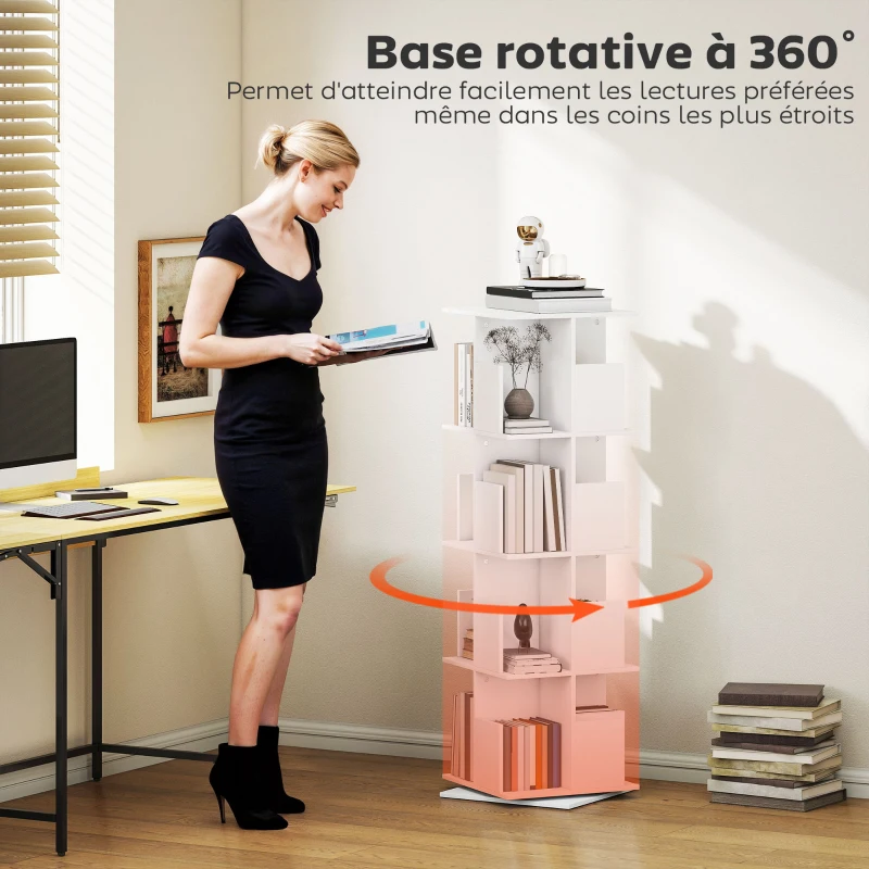 HOMCOM Bibliothèque rotative à 4 niveaux, étagère rangement avec 16 compartiments, 39 x 39 x 128,3 cm, blanc