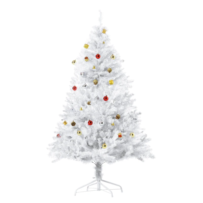 HOMCOM Albero di Natale Bianco 150cm con Addobbi e 680 Rami, Albero di Natale Innevato Artificiale in PVC