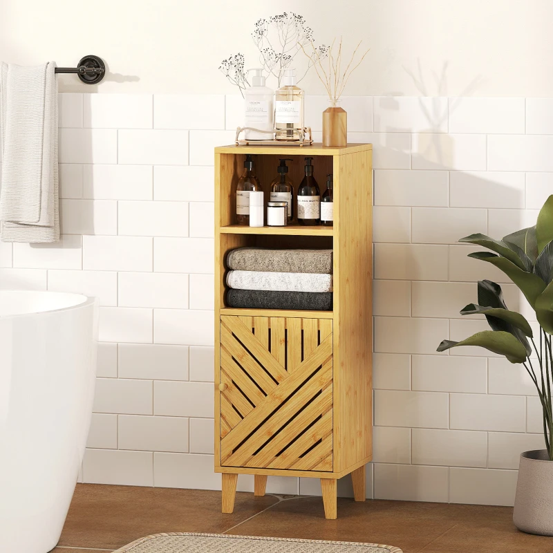 HOMCOM Meuble de salle de bain, meuble de rangement avec 1 placard, 2 compartiment ouvert, 32 x 30 x 90 cm, effet bois naturel