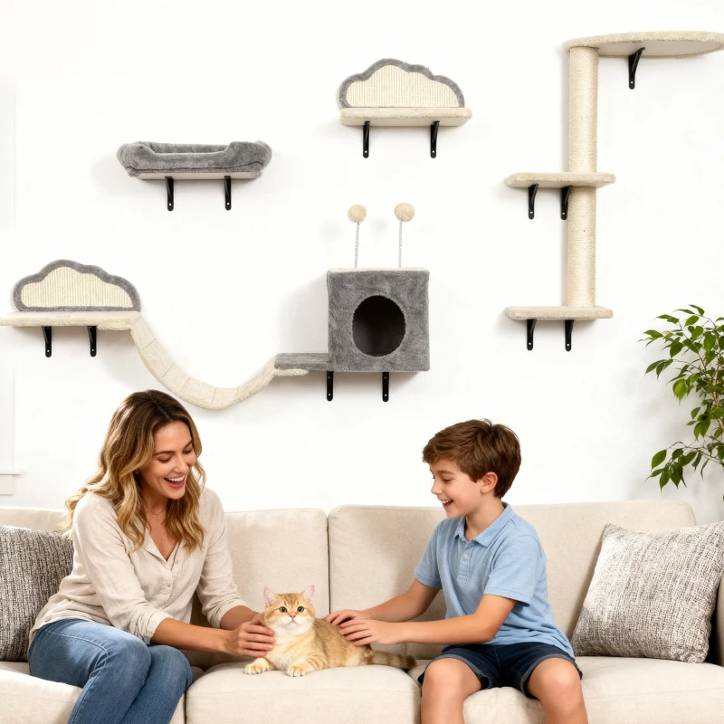 PawHut Wandmontiertes Kratzbaum-Set, Sisalkratzflächen, 4 Teile, für 1-3 Katzen, Beige