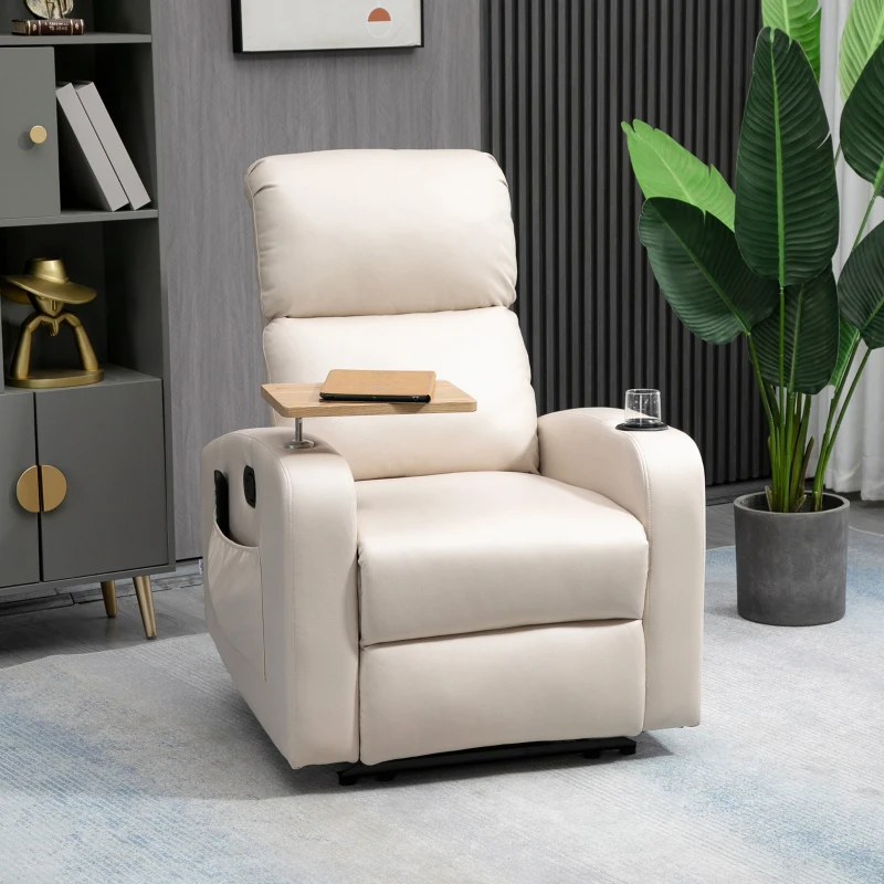 HOMCOM Fauteuil de relaxation fauteuil de massage inclinable avec Tablette, Poches latérales et Télécommande chaise TV pour Salon et Chambre, tissu en Microfibre Beige