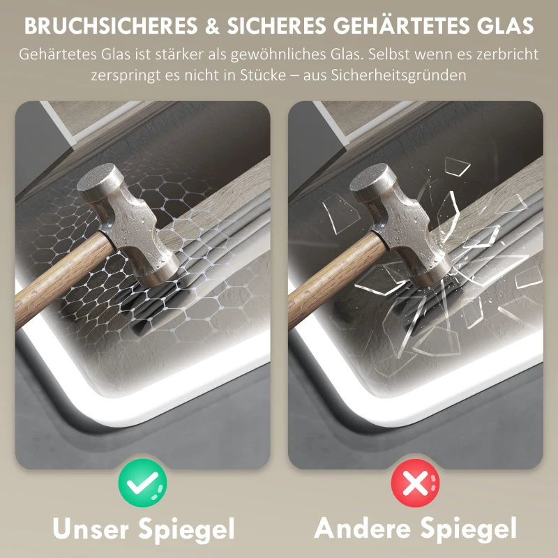 HOMCOM LED-badkamerspiegel met Bluetooth 70 x 90 cm, aanraakschakelaar, verstelbaar licht, 3 kleuren, anti-condens, geheugen, zilver