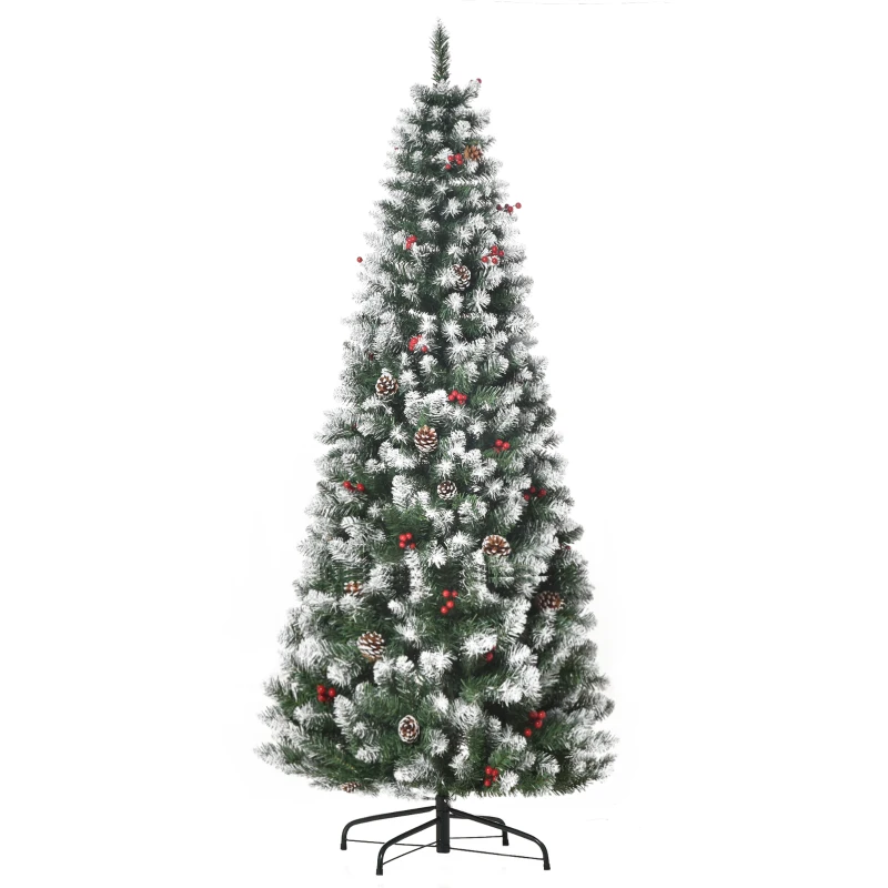 HOMCOM Albero di Natale Innevato Artificiale 180cm con Bacche Rosse e Pigne Bianche, Base Rimovibile Pieghevole, 618 Rami
