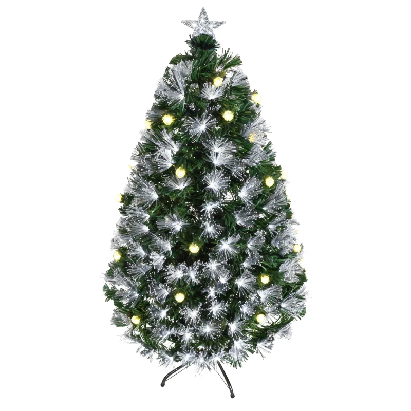 HOMCOM Albero di Natale Artificiale 150cm con Luci Incorporate e 180 Rami, Albero di Natale con Luci a LED e Fibre Ottiche, Base Pieghevole Rimovibile