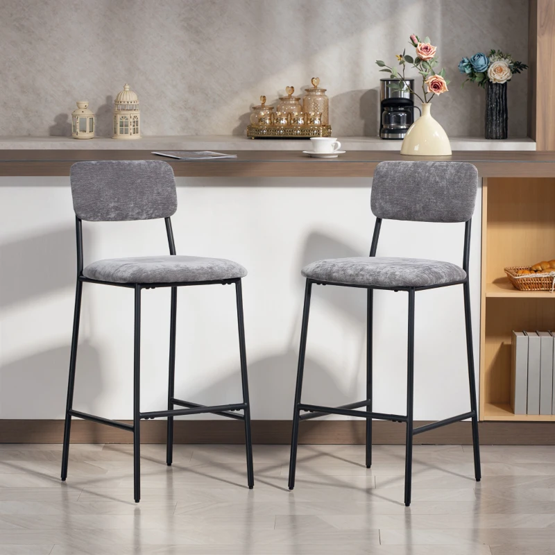 HOMCOM Set da 2 sgabelli da bar in tessuto chenille, imbottiti, seduta ampia, schienale alto, 45,5x48x101cm, Grigio