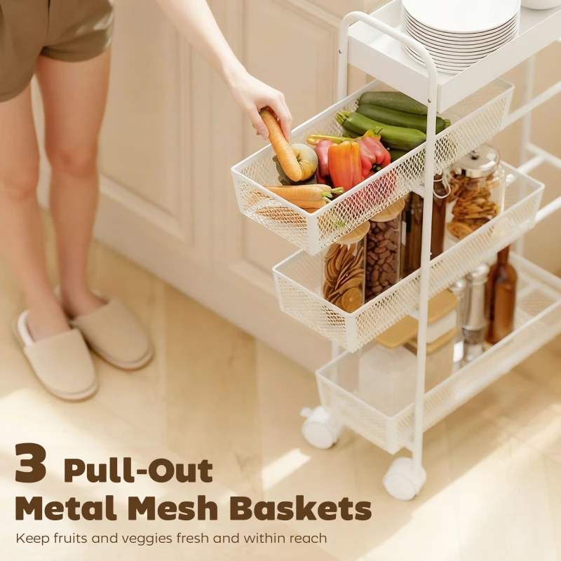 HOMCOM Keukenwagen van metaal, 3 manden, smal ontwerp, 4 wielen, voor keuken, woonkamer, badkamer, wit