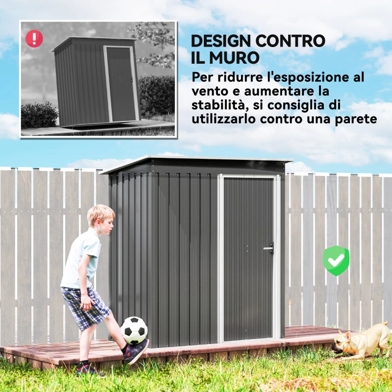 Outsunny Capanno Attrezzi con Tetto Inclinato e Porta Scorrevole, in Acciaio e PP, 163x89x182 cm, Grigio Chiaro
