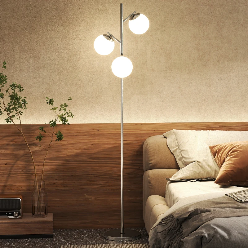 HOMCOM 3-Light Tree Floor Lamps for Living Room, Modern Standing Lamp for Bedroom with Globe Lampshade, Steel Base, Bulb not Included, Silver