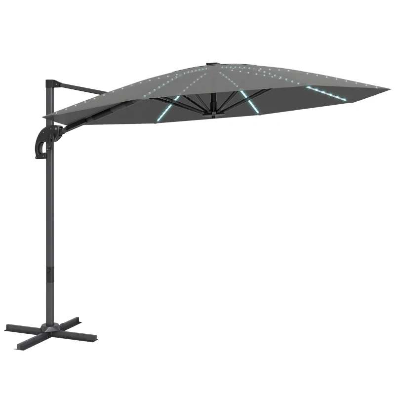 Outsunny 3(m) Cantilever Garden Parasol with Solar Powered Lights, Crank Handle & Cross Base, UPF 50+, 360° Rotation, Dark Grey