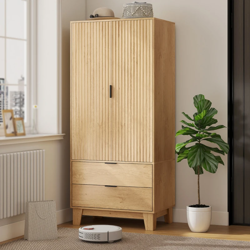 HOMCOM Armoire chambre penderie avec 2 portes à fermeture douce, 2 tiroirs et barre de suspension, 80x50x180cm, bois naturel